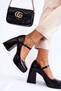 Damskie Boto Skórzane Czółenka Na Masywnym Obcasie Czarne Tina