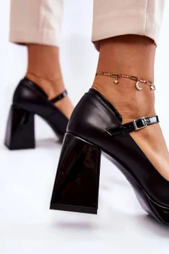 Damskie Boto Skórzane Czółenka Na Masywnym Obcasie Czarne Tina