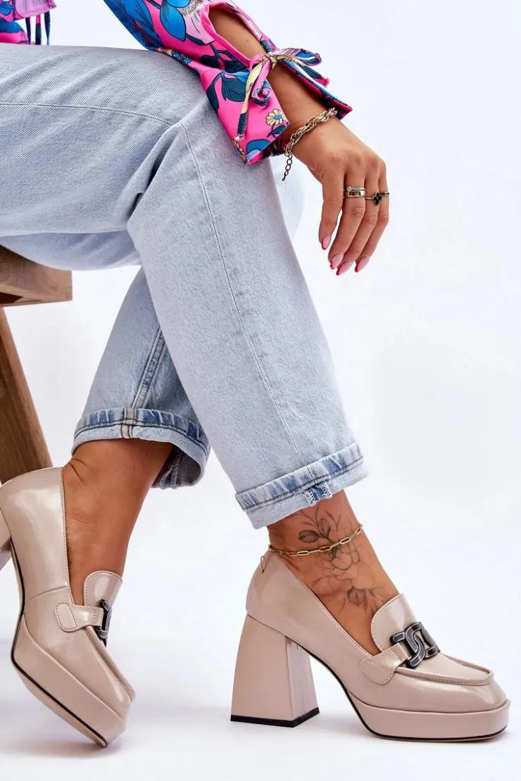 Damskie Damskie buty S.Barski Skórzane Czółenka Na Masywnym Obcasie Beżowe Maximo