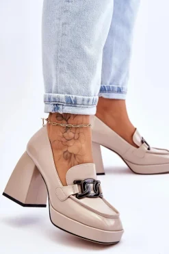 Damskie Damskie buty S.Barski Skórzane Czółenka Na Masywnym Obcasie Beżowe Maximo