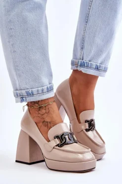 Damskie Damskie buty S.Barski Skórzane Czółenka Na Masywnym Obcasie Beżowe Maximo