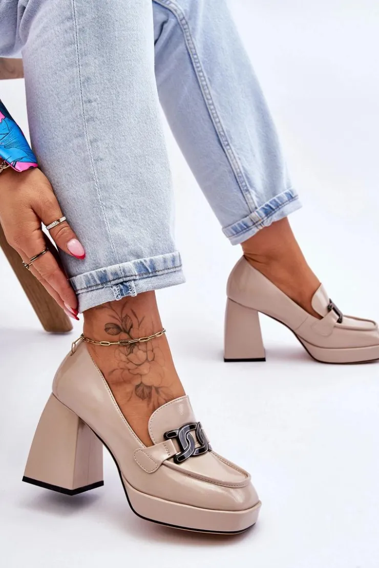 Damskie Damskie buty S.Barski Skórzane Czółenka Na Masywnym Obcasie Beżowe Maximo