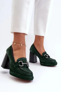 Laura Messi Czółenka Na Platformie|Czółenka Na Słupku*Skórzane Czółenka Na Masywnym Słupku 2706 Ciemnozielone