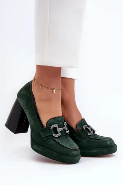 Laura Messi Czółenka Na Platformie|Czółenka Na Słupku*Skórzane Czółenka Na Masywnym Słupku 2706 Ciemnozielone