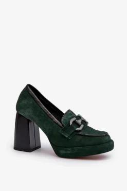 Laura Messi Czółenka Na Platformie|Czółenka Na Słupku*Skórzane Czółenka Na Masywnym Słupku 2706 Ciemnozielone