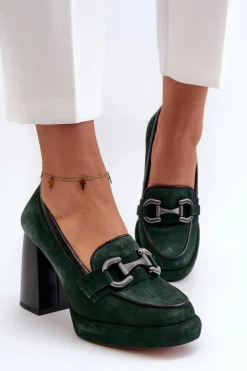 Laura Messi Czółenka Na Platformie|Czółenka Na Słupku*Skórzane Czółenka Na Masywnym Słupku 2706 Ciemnozielone