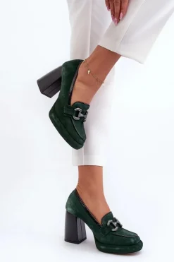 Laura Messi Czółenka Na Platformie|Czółenka Na Słupku*Skórzane Czółenka Na Masywnym Słupku 2706 Ciemnozielone