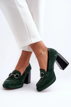 Laura Messi Czółenka Na Platformie|Czółenka Na Słupku*Skórzane Czółenka Na Masywnym Słupku 2706 Ciemnozielone