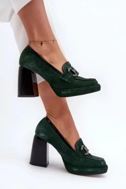 Laura Messi Czółenka Na Platformie|Czółenka Na Słupku*Skórzane Czółenka Na Masywnym Słupku 2706 Ciemnozielone