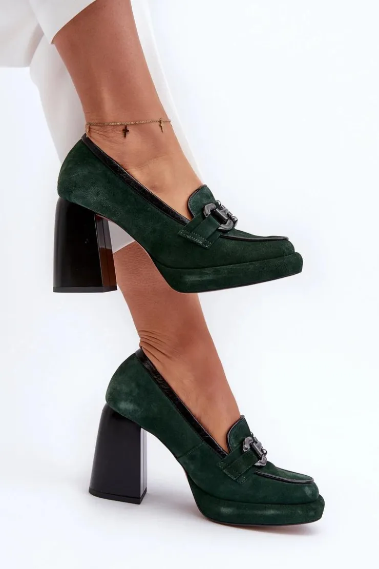 Laura Messi Czółenka Na Platformie|Czółenka Na Słupku*Skórzane Czółenka Na Masywnym Słupku 2706 Ciemnozielone