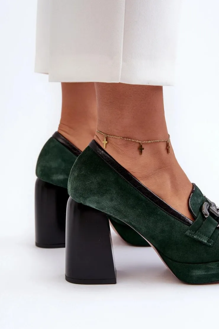 Laura Messi Czółenka Na Platformie|Czółenka Na Słupku*Skórzane Czółenka Na Masywnym Słupku 2706 Ciemnozielone