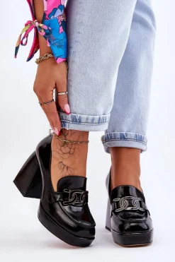 Clearance Damskie buty S.Barski Skórzane Czółenka Na Masywnym Obcasie Czarne Maximo