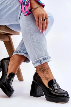 Clearance Damskie buty S.Barski Skórzane Czółenka Na Masywnym Obcasie Czarne Maximo