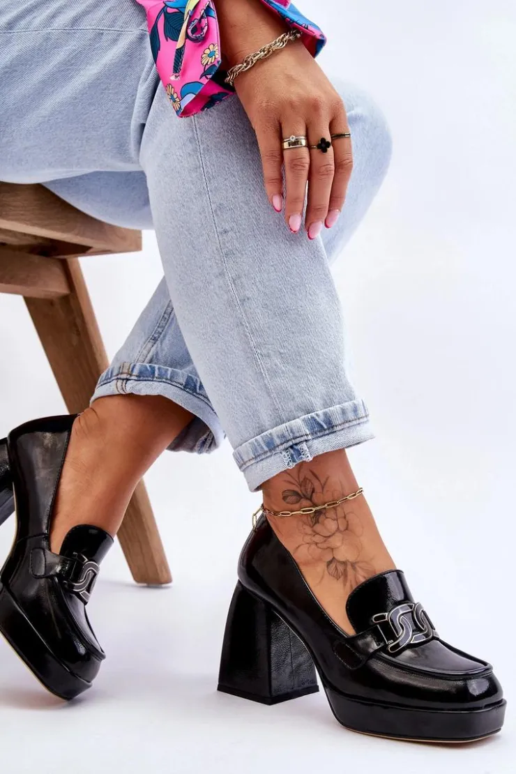 Clearance Damskie buty S.Barski Skórzane Czółenka Na Masywnym Obcasie Czarne Maximo