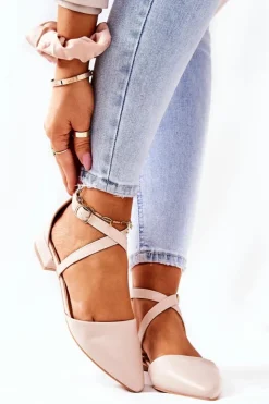 Hot Boto Skórzane Czółenka Na Niskim Obcasie Beżowe Giovanna