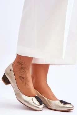 Damskie Maciejka Skórzane Czółenka Na Niskim Obcasie 05960-25 Złote