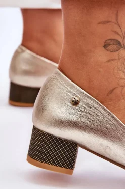 Damskie Maciejka Skórzane Czółenka Na Niskim Obcasie 05960-25 Złote