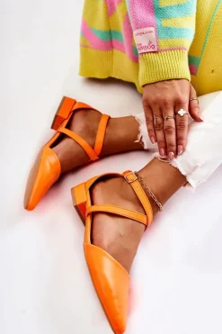 Boto Czółenka Na Słupku*Skórzane Czółenka Na Niskim Obcasie Pomarańczowe Giovanna