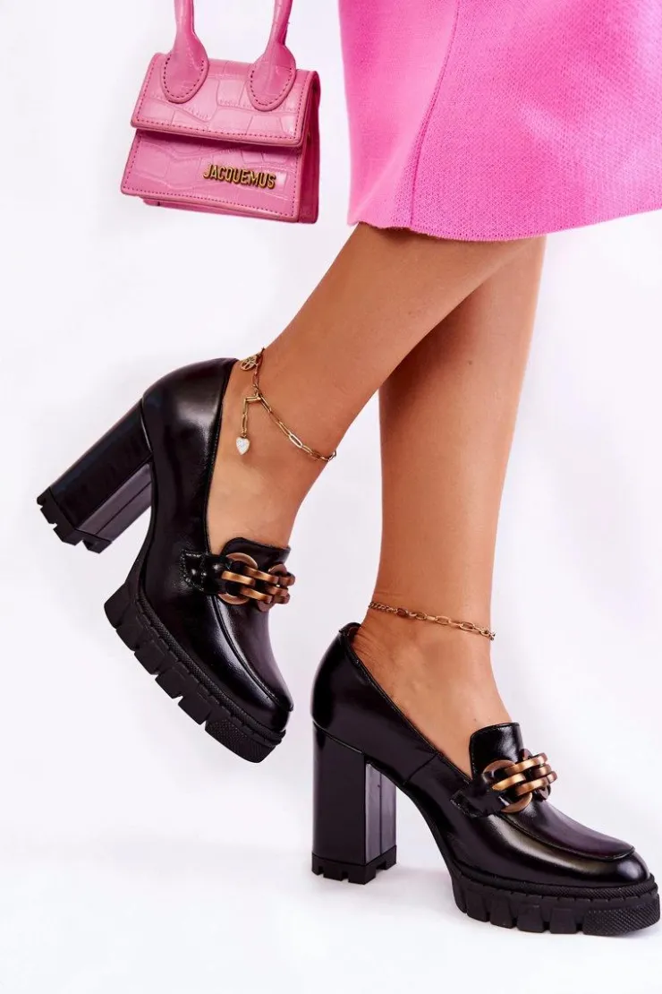 Damskie Boto Skórzane Czółenka Na Platformie I Słupku Lewski Shoes 3197 Czarne