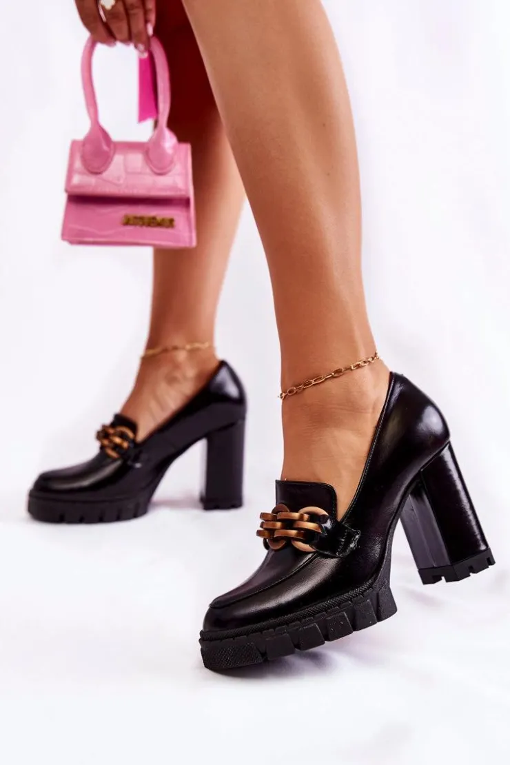 Damskie Boto Skórzane Czółenka Na Platformie I Słupku Lewski Shoes 3197 Czarne