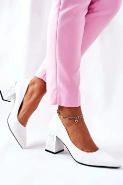 Discount Damskie buty S.Barski Skórzane Czółenka Na Słupku Białe Cherith