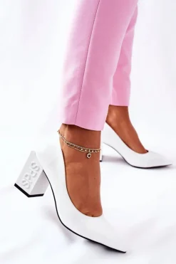 Discount Damskie buty S.Barski Skórzane Czółenka Na Słupku Białe Cherith