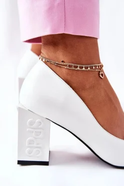 Discount Damskie buty S.Barski Skórzane Czółenka Na Słupku Białe Cherith