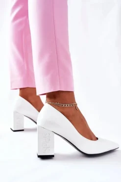 Discount Damskie buty S.Barski Skórzane Czółenka Na Słupku Białe Cherith