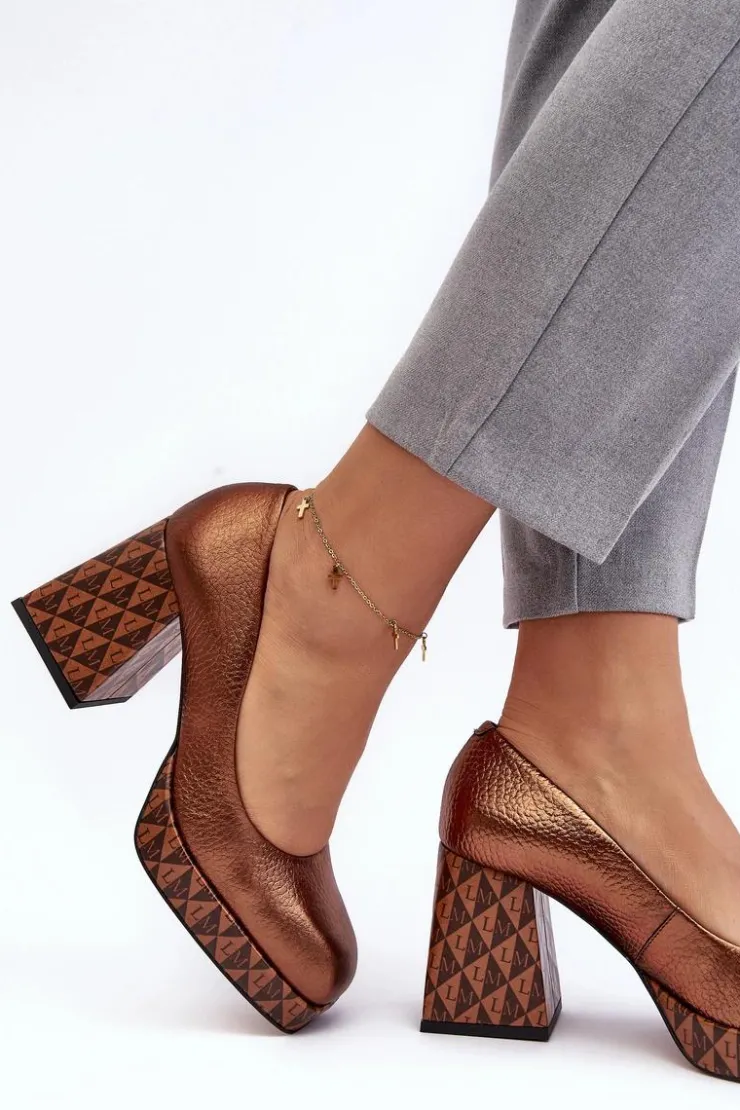 Damskie Laura Messi Skórzane Czółenka Na Słupku 259/819-821 Miedziane