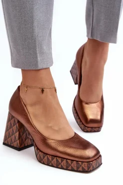 Damskie Laura Messi Skórzane Czółenka Na Słupku 259/819-821 Miedziane