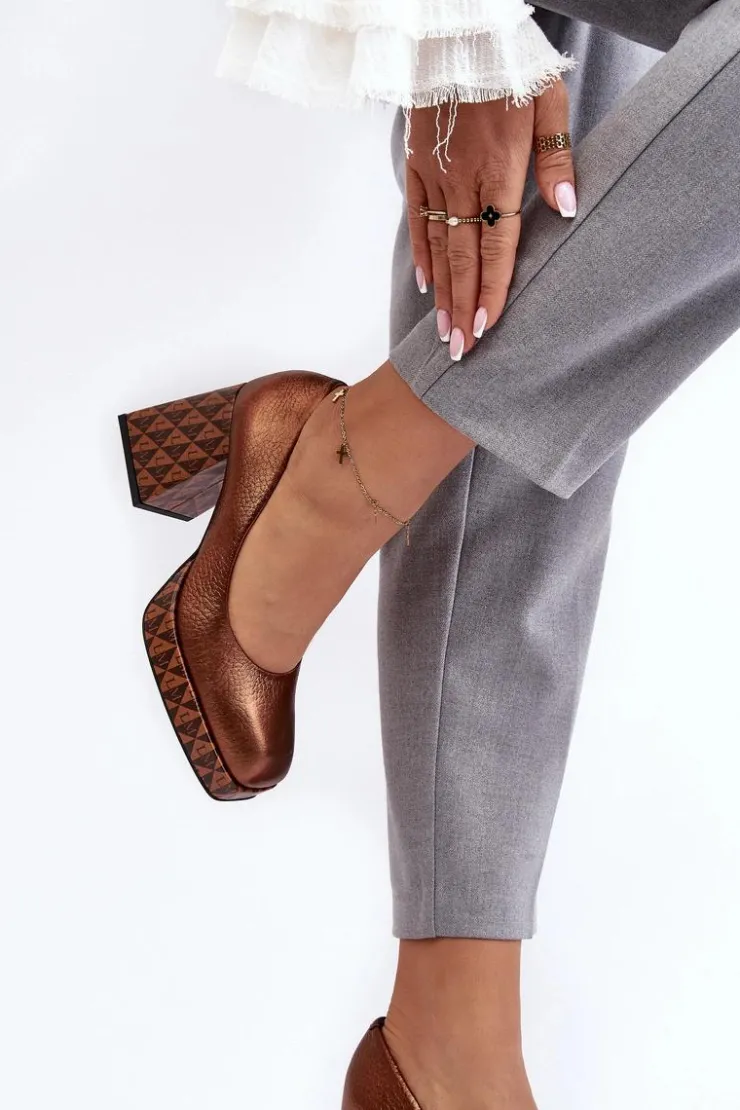 Damskie Laura Messi Skórzane Czółenka Na Słupku 259/819-821 Miedziane