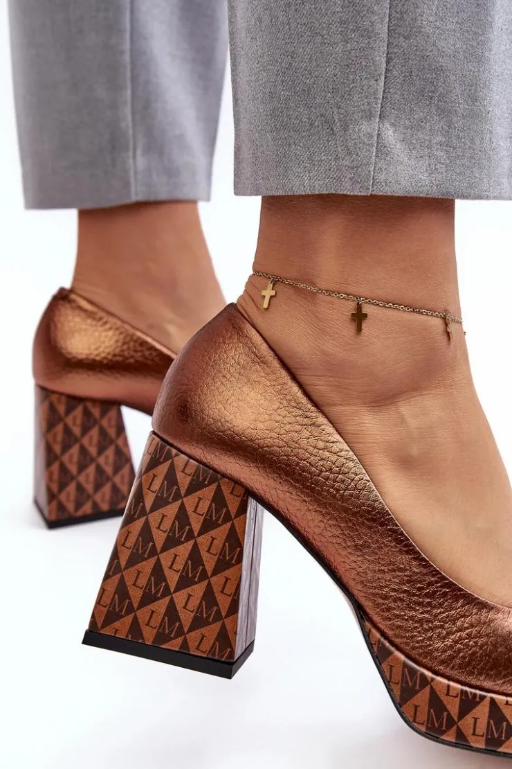 Damskie Laura Messi Skórzane Czółenka Na Słupku 259/819-821 Miedziane