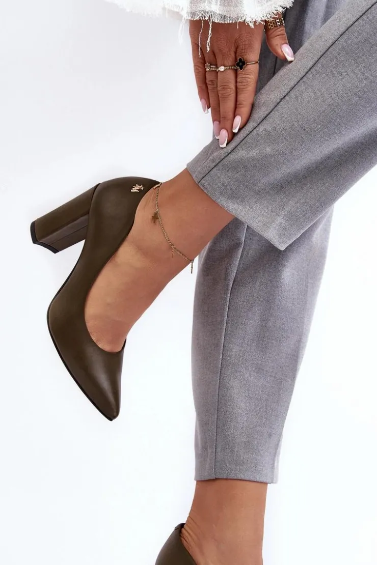 Damskie Laura Messi Skórzane Czółenka Na Słupku 2624/227 Ciemnozielone