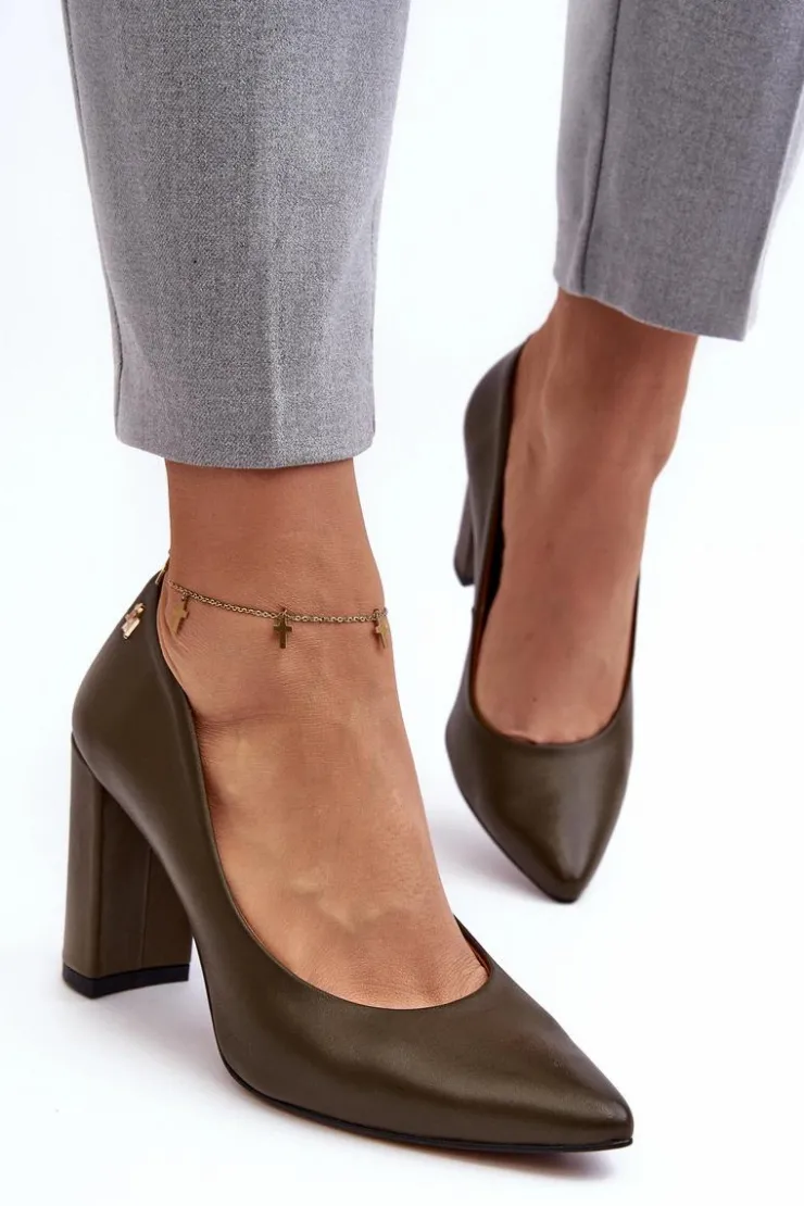 Damskie Laura Messi Skórzane Czółenka Na Słupku 2624/227 Ciemnozielone