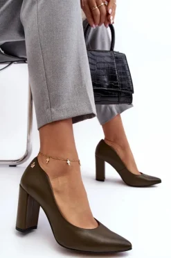 Damskie Laura Messi Skórzane Czółenka Na Słupku 2624/227 Ciemnozielone