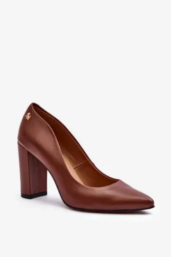Clearance Laura Messi Skórzane Czółenka Na Słupku 2624/237 Brązowe