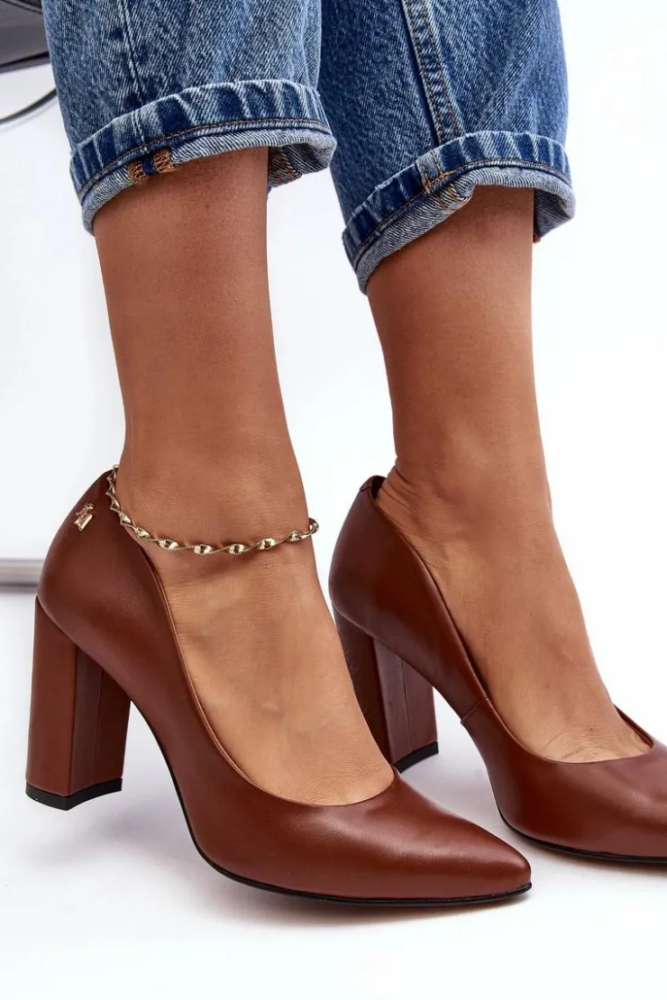 Clearance Laura Messi Skórzane Czółenka Na Słupku 2624/237 Brązowe