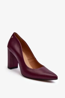 Damskie Laura Messi Skórzane Czółenka Na Słupku 2624/228 Bordowe