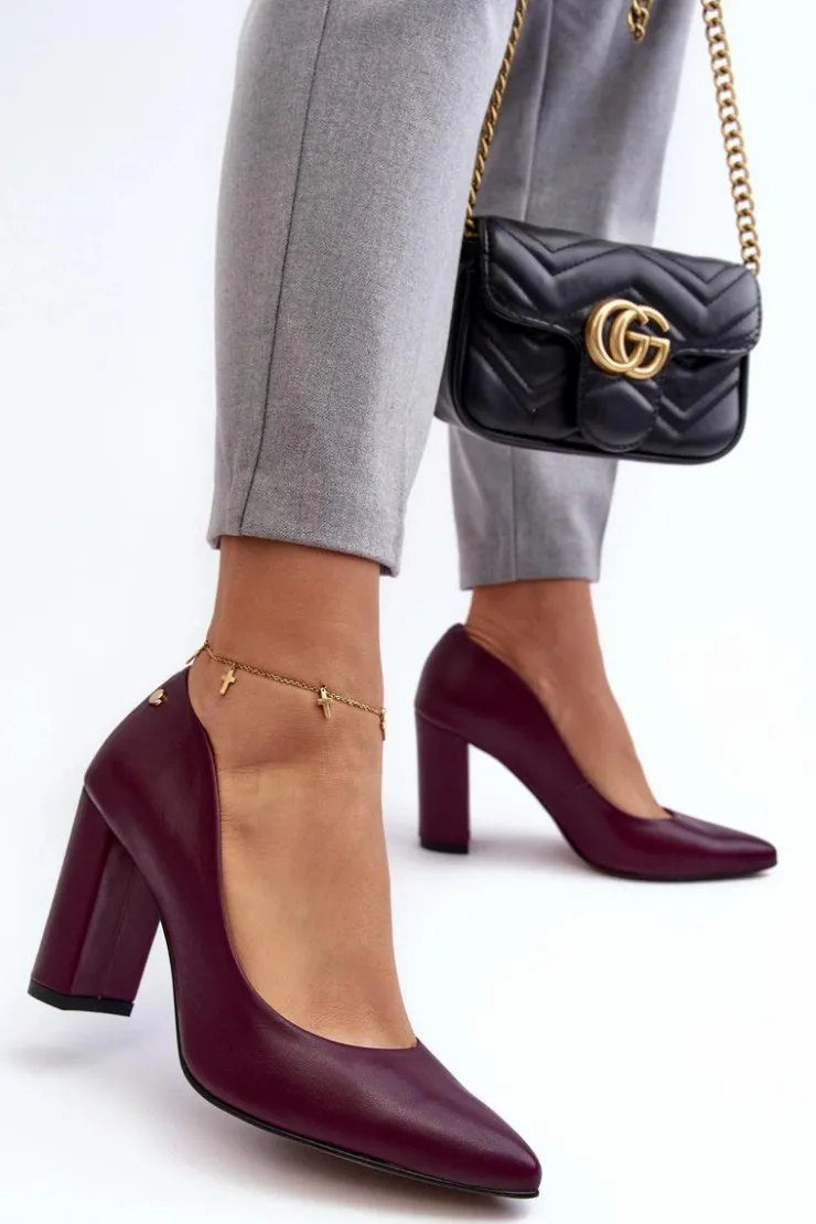 Damskie Laura Messi Skórzane Czółenka Na Słupku 2624/228 Bordowe