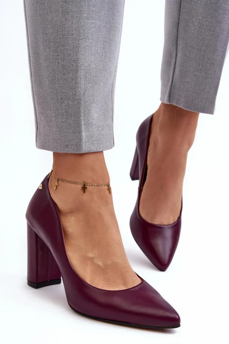 Damskie Laura Messi Skórzane Czółenka Na Słupku 2624/228 Bordowe