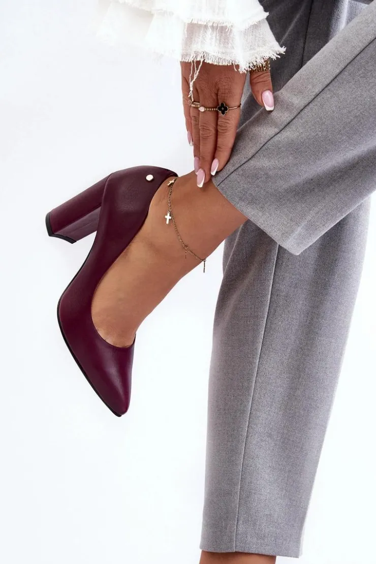 Damskie Laura Messi Skórzane Czółenka Na Słupku 2624/228 Bordowe