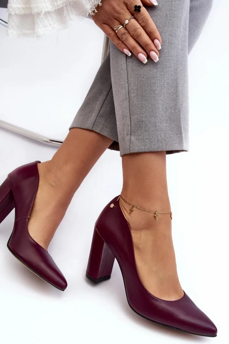 Damskie Laura Messi Skórzane Czółenka Na Słupku 2624/228 Bordowe