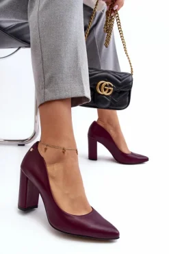 Damskie Laura Messi Skórzane Czółenka Na Słupku 2624/228 Bordowe