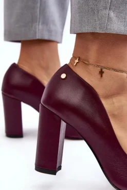 Damskie Laura Messi Skórzane Czółenka Na Słupku 2624/228 Bordowe