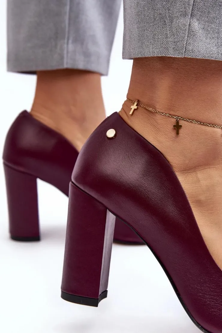 Damskie Laura Messi Skórzane Czółenka Na Słupku 2624/228 Bordowe