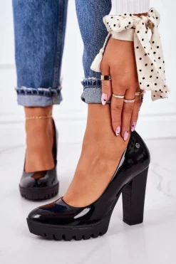 Clearance Maciejka Skórzane Czółenka Na Słupku 02629-05 Lakierowane Czarne