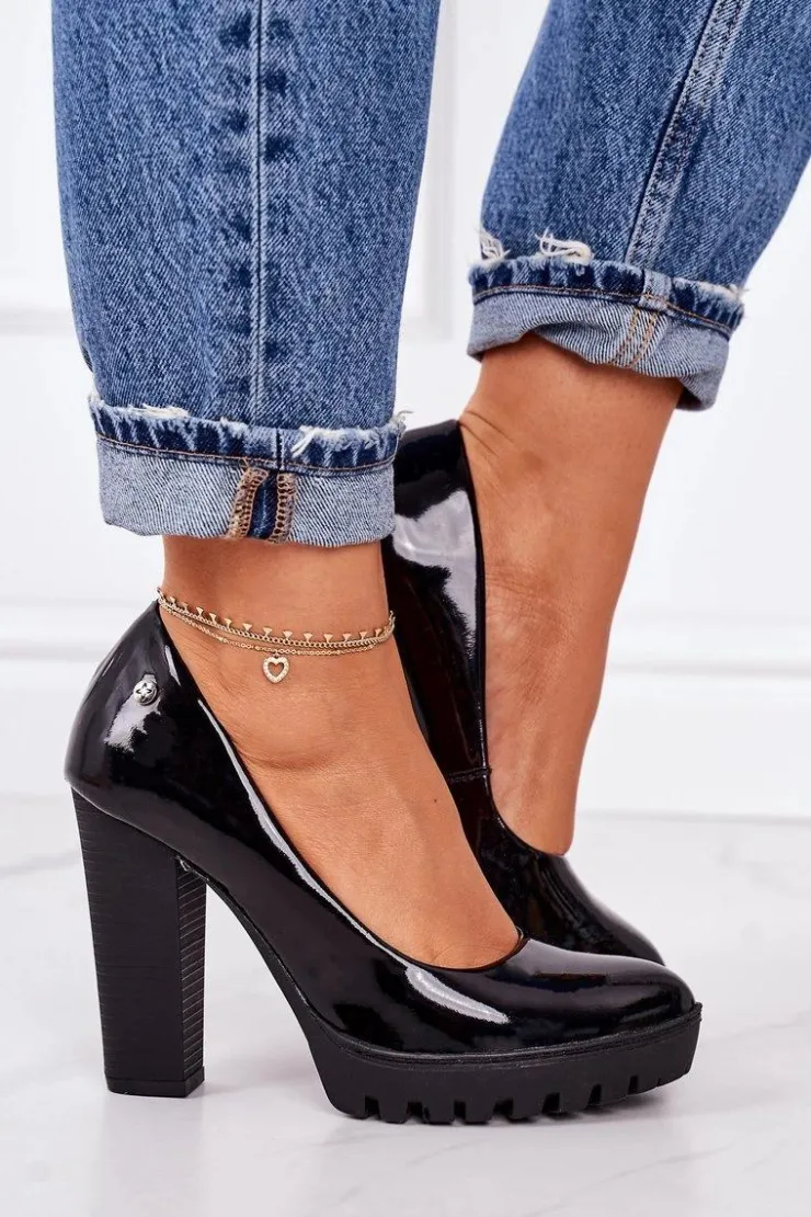 Clearance Maciejka Skórzane Czółenka Na Słupku 02629-05 Lakierowane Czarne