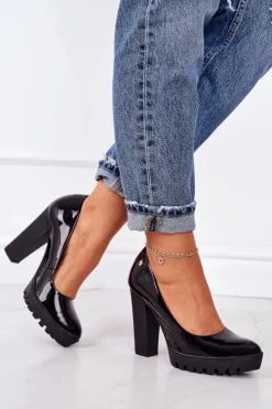 Clearance Maciejka Skórzane Czółenka Na Słupku 02629-05 Lakierowane Czarne