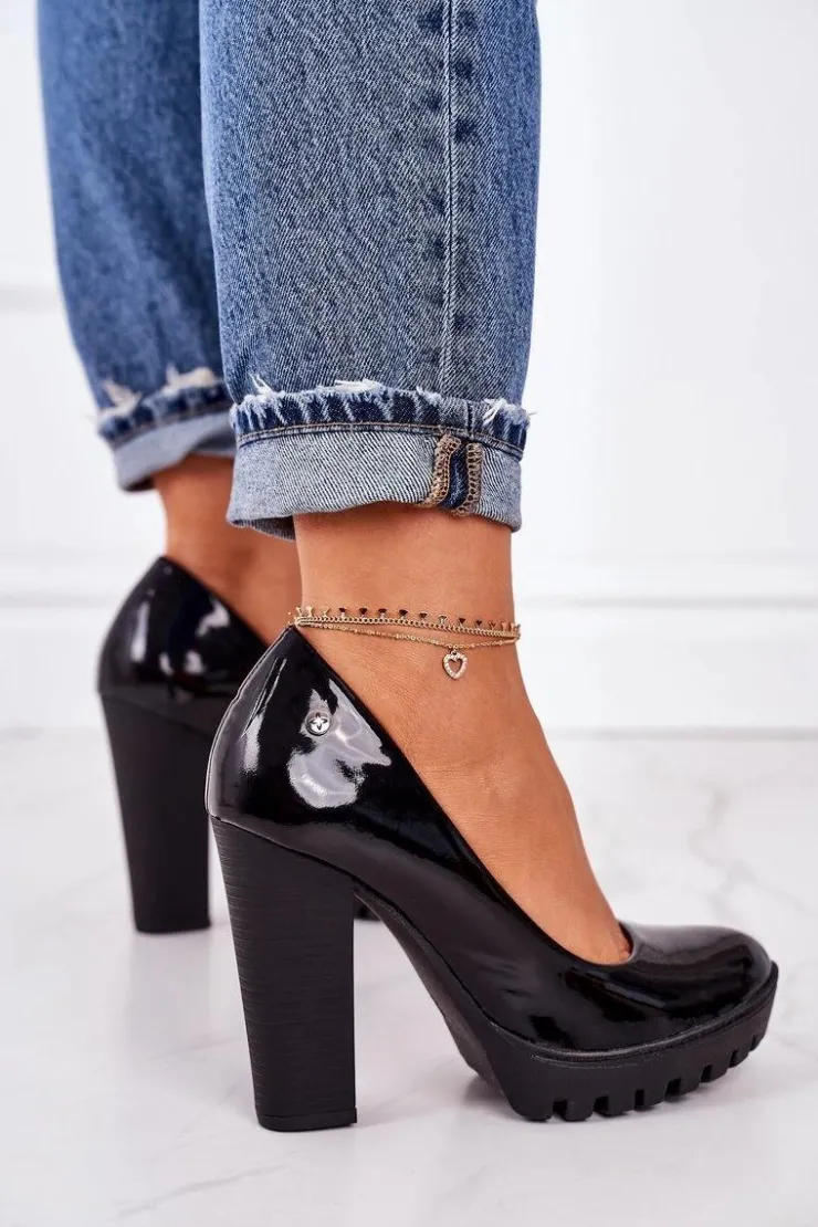 Clearance Maciejka Skórzane Czółenka Na Słupku 02629-05 Lakierowane Czarne