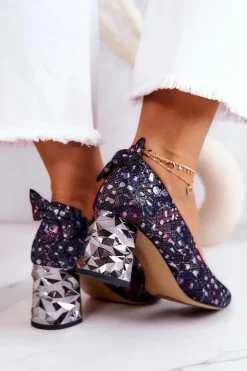 Damskie Maciejka Skórzane Czółenka Na Słupku 05334-15 Granatowe